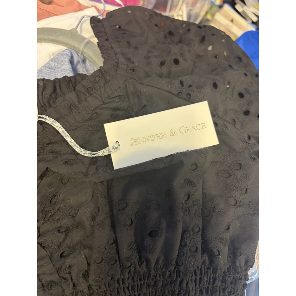 NWT Black Eyelet Puff Sleeve Crop Top Cottagecore Milkmaid Peasant Boho Top Sz L - Picture 7 of 8
